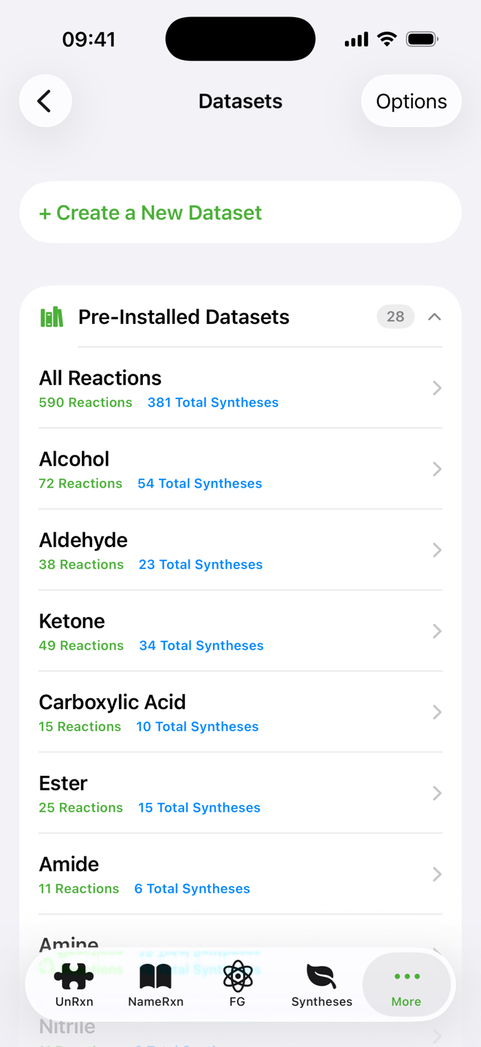 The Datasets screen with pre-installed datasets