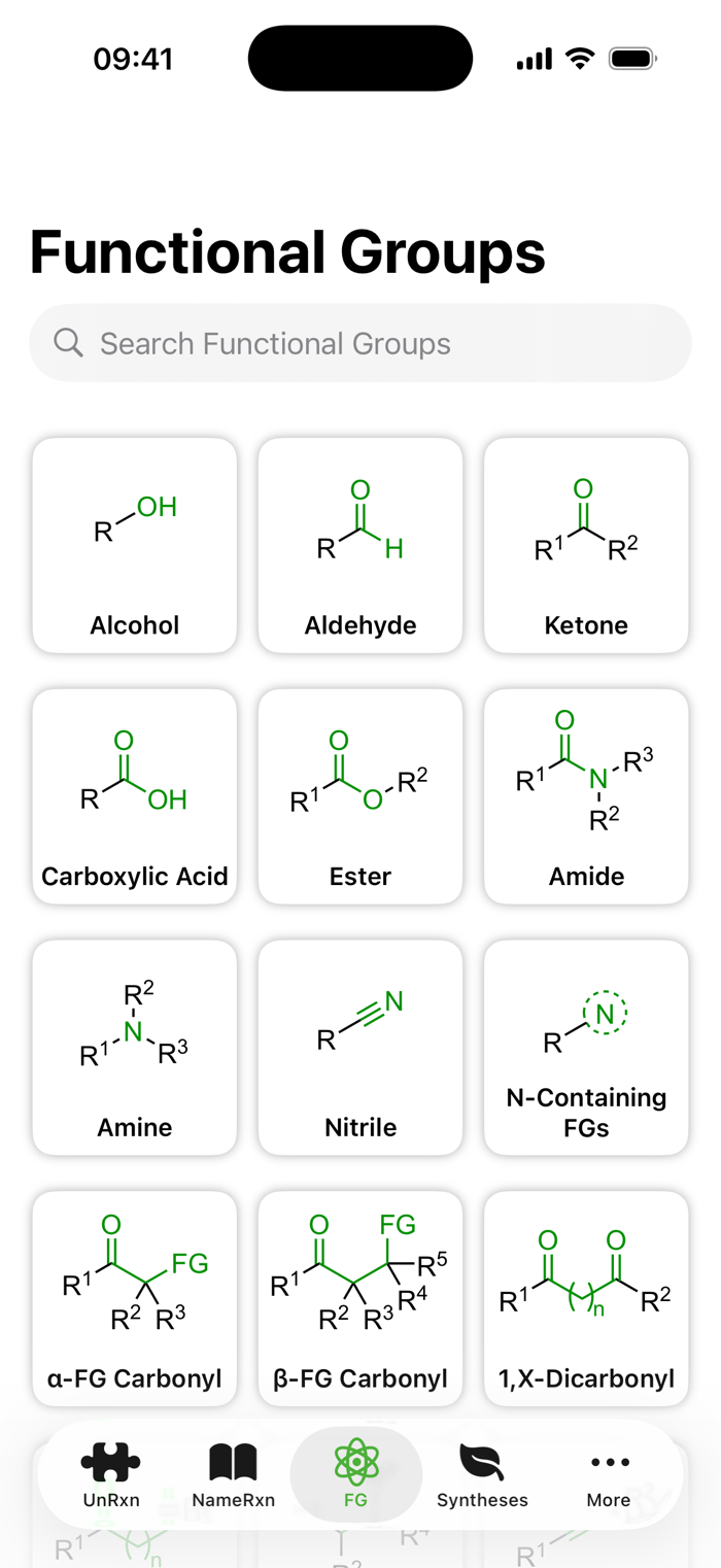 SynStrategy screen showing functional groups laid out in a grid: Alcohol, Aldehyde, Ketone, Carboxylic Acid, Ester, Amide and more.