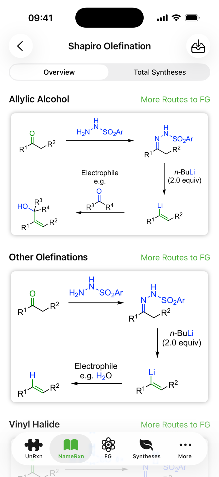 The Shapiro olefination overview, showing reagents, equivalents and conditions for each step