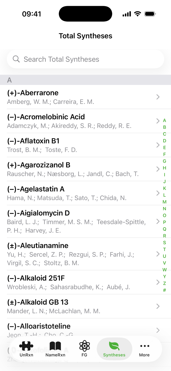 Alphabetical list of natural product total syntheses