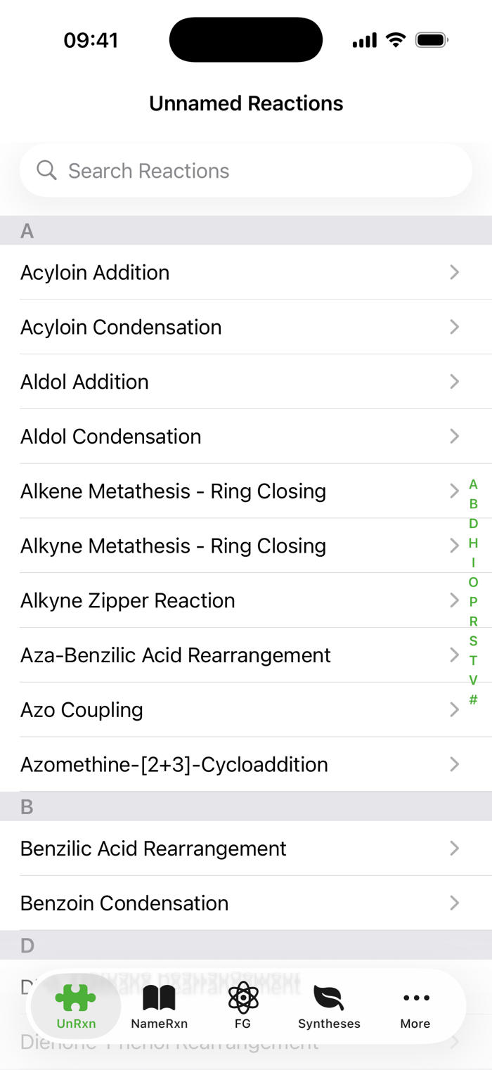 Alphabetical list of unnamed reactions